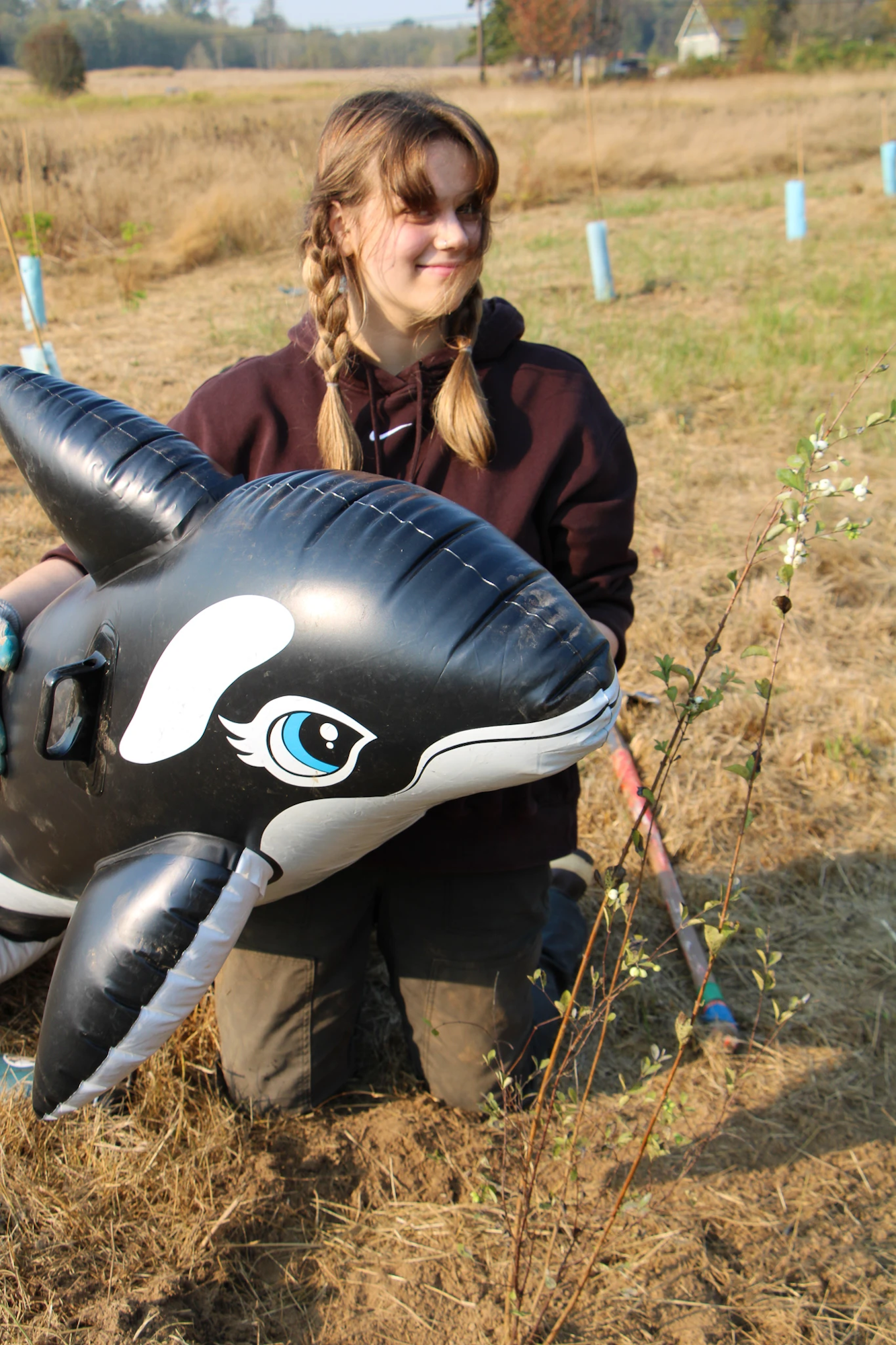 Person outdoors holding an inflatable orca, kneeling next to a small plant.