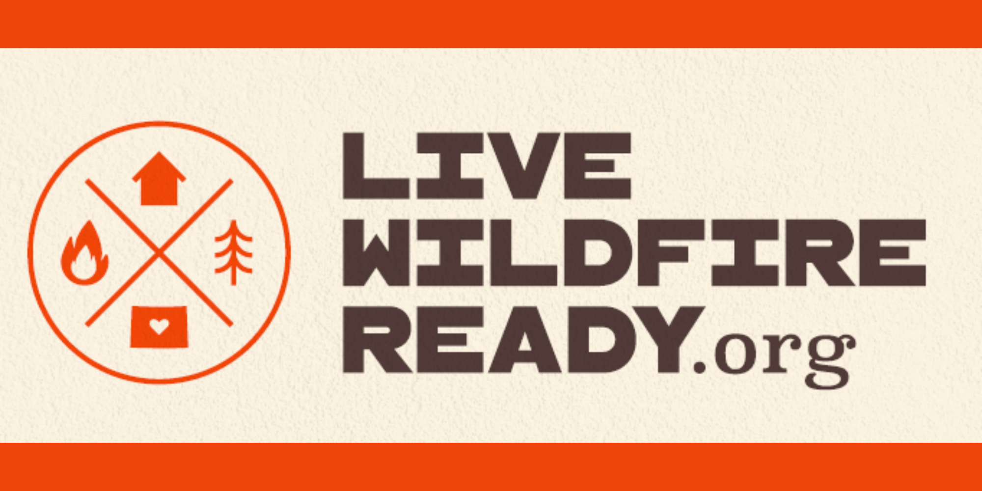 Logo with icons (fire, home, tree, heart) next to "Live Wildfire Ready.org" text on a beige background.