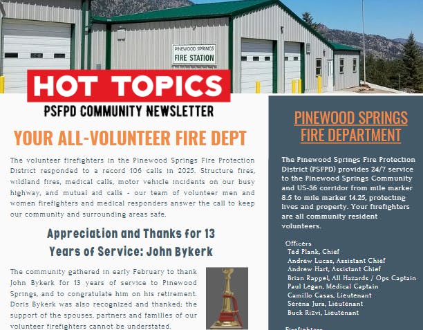 Pinewood Springs Fire Dept. reports 106 calls in 2025, honors John Bykerk for 13 years of volunteer service. Community appreciates firefighters.