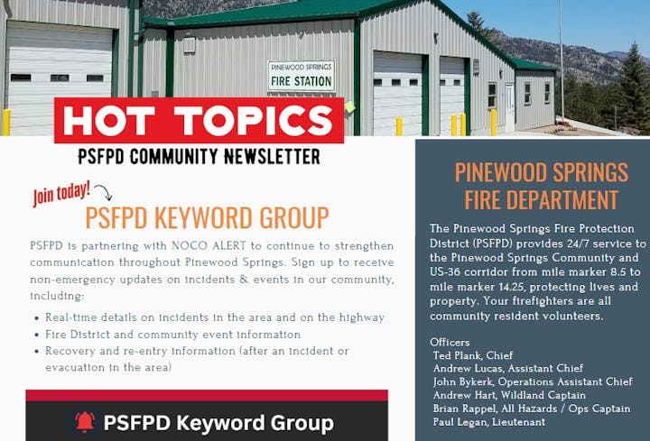 Pinewood Springs Fire Department newsletter promoting PSFPD Keyword Group for non-emergency updates and community events.