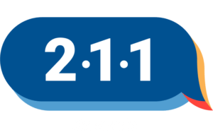 Speech bubble with "2-1-1" and "Colorado" text, featuring a blue background with colored edges.