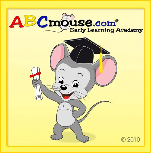 A cartoon mouse in a graduation cap holds a diploma, representing educational achievement for ABCmouse.com.