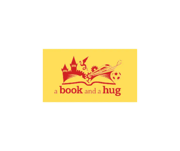 Logo with text "a book and a hug" featuring a castle, dragon, musical notes, and a sports ball.
