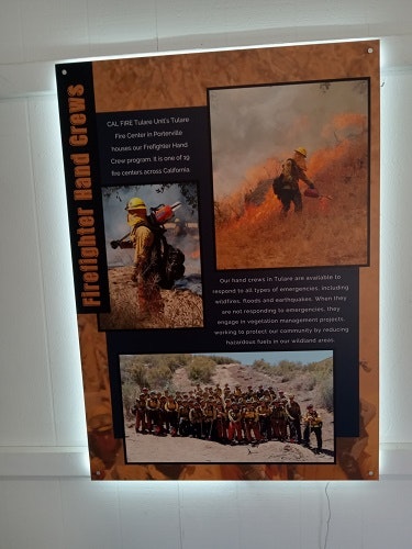 Poster about CAL FIRE Tulare Unit’s Firefighter Hand Crews, featuring images of firefighters and text about their roles in emergencies.