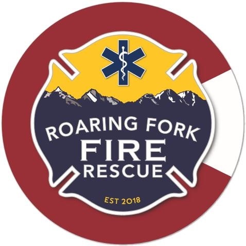 A logo for Roaring Fork Fire Rescue with mountains, a medical symbol, and “EST 2018”.