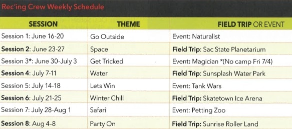 Rec'ing Crew Weekly Schedule: 8 sessions with themes, field trips, or events from June 16 to August 8.