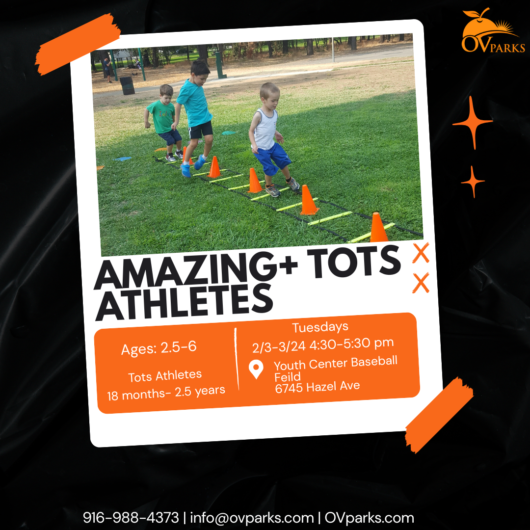 Kids aged 2.5-6 can join "Amazing Tots Athletes" program on Tuesdays, 2/3-3/24, at Youth Center Baseball Field.