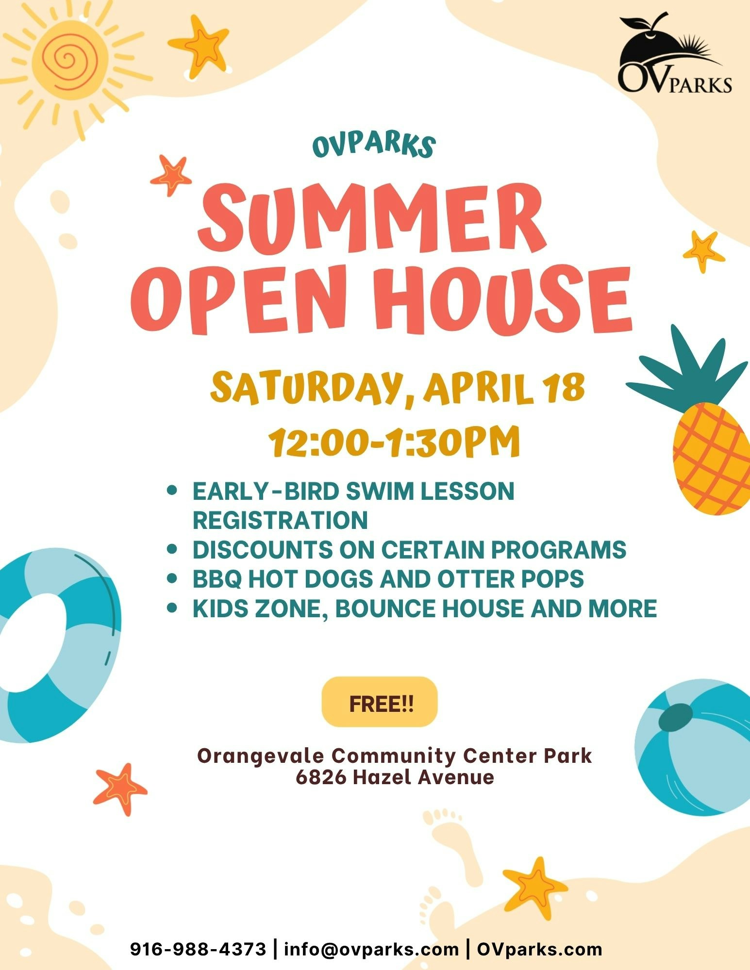 Join the OVparks Summer Open House on April 18, 12-1:30 PM! Enjoy swim lessons, discounts, BBQ, and kids' activities. Free!