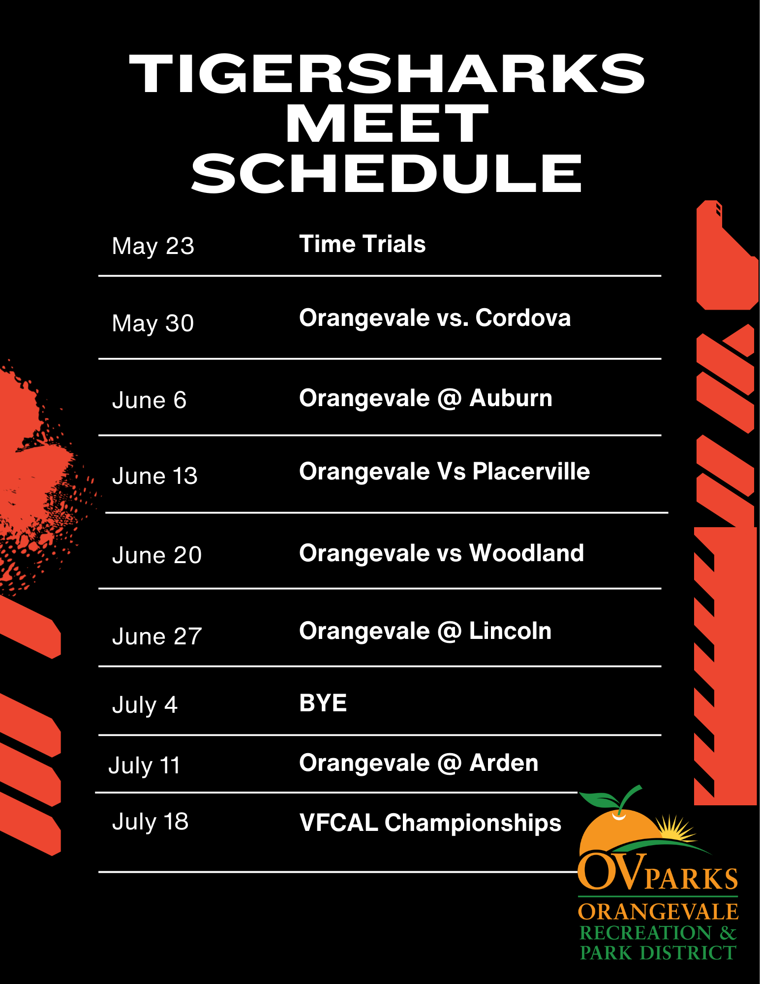Tigersharks meet schedule with events from May 23 to July 18, including matches against various teams and championships.