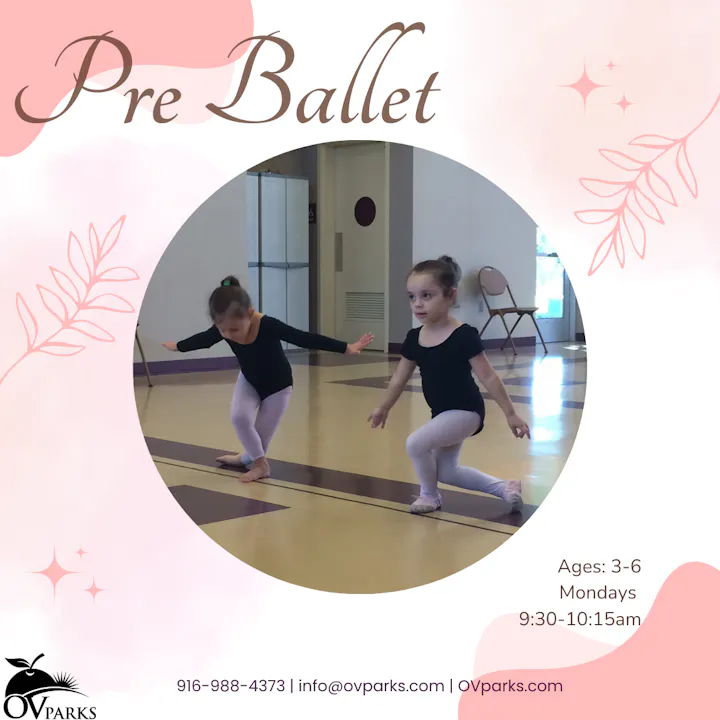 The image features two young girls in ballet attire practicing Pre Ballet. It includes class details and contact info.