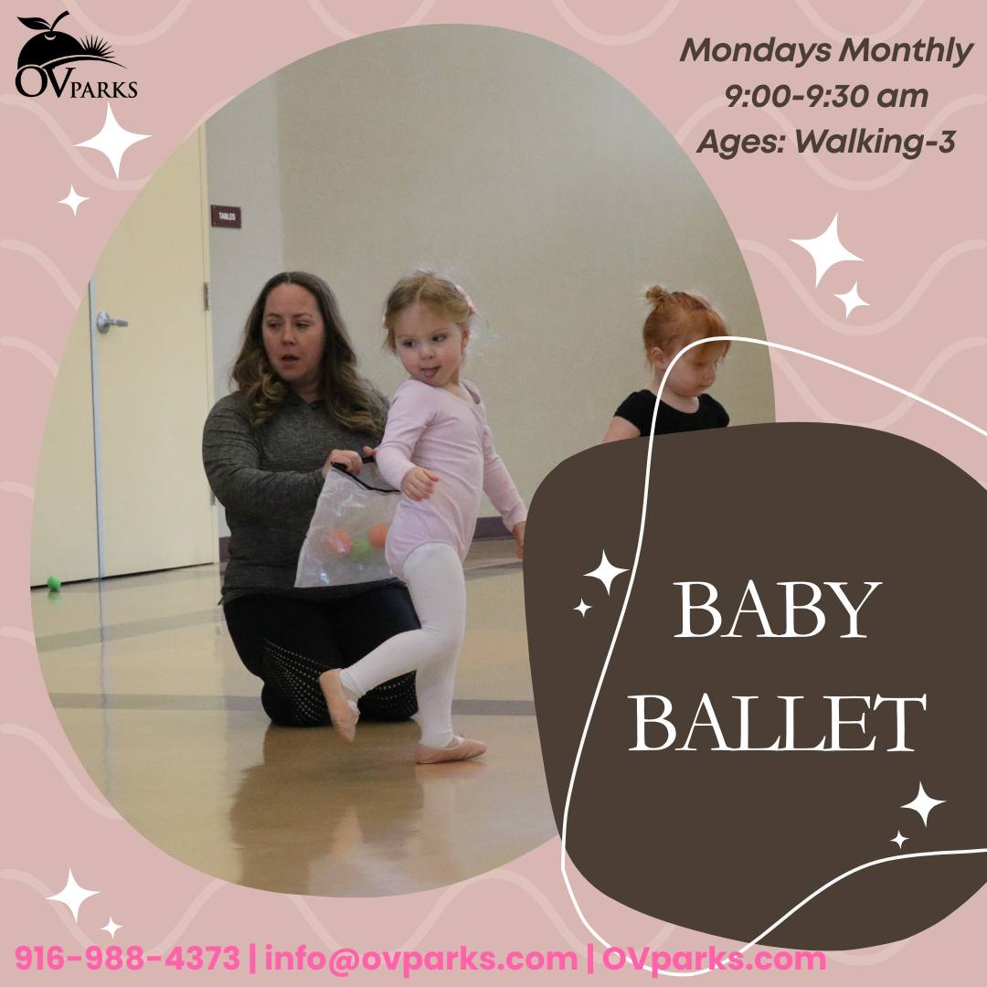 A promotional image for a Baby Ballet class for walking toddlers, held Mondays from 9:00-9:30 am.