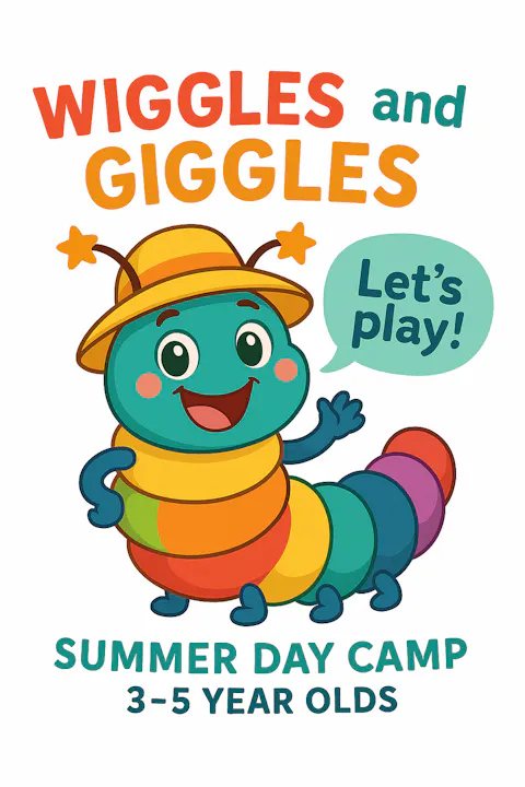 A cheerful cartoon caterpillar promotes a summer day camp for kids aged 3-5, inviting them to play and have fun.