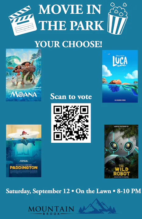 Movie night in the park on Sept 12, featuring "Moana," "Luca," "Paddington," and "The Wild Robot." Scan to vote!