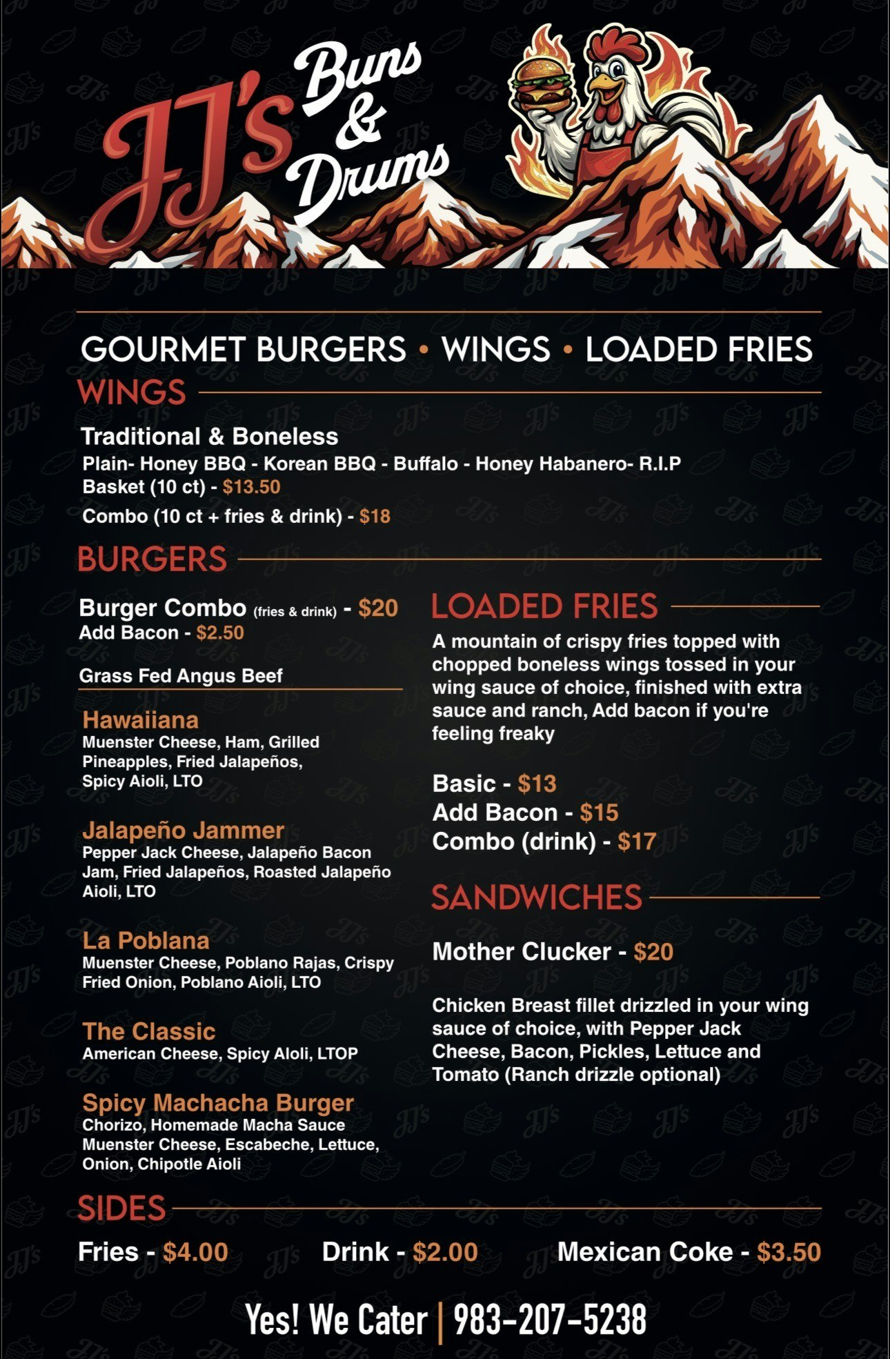 Menu from JJ's Buns & Drums featuring wings, burgers, loaded fries, and sandwiches with prices listed.