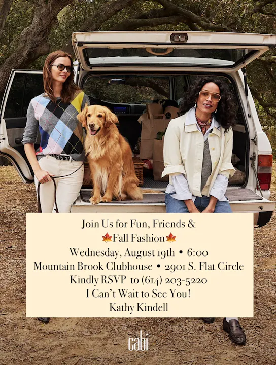 The image features a fashion invite for a fall event with two women and a golden retriever, sharing details and RSVP info.