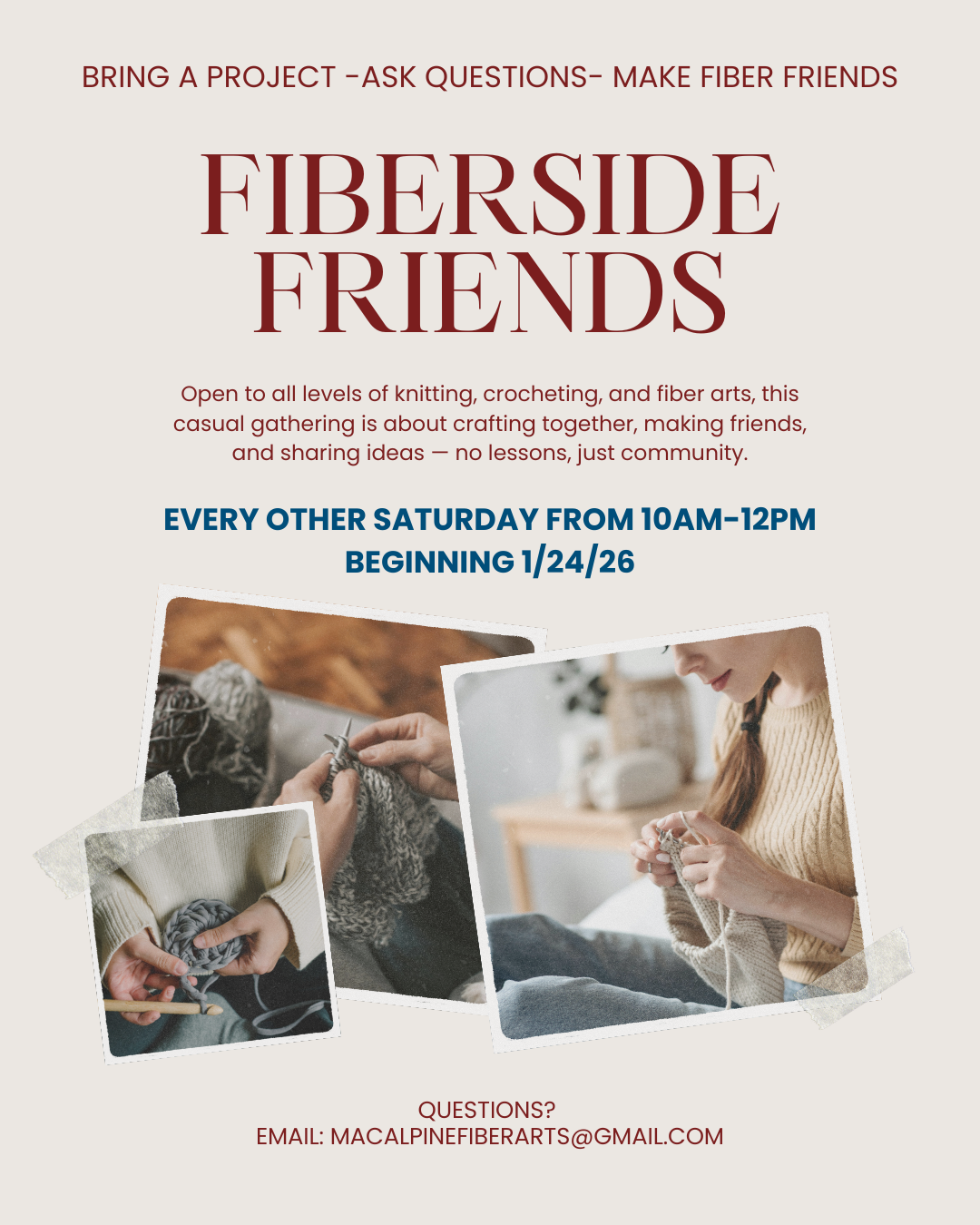 A casual gathering for knitting, crocheting, and fiber arts, every other Saturday from 10AM-12PM, starting 1/24/26.