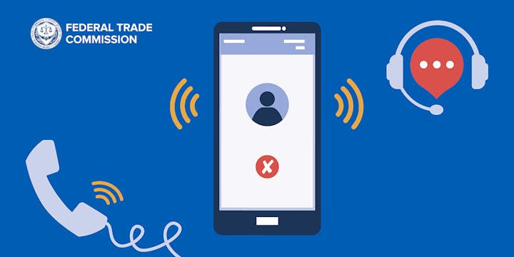 Illustration with a phone displaying a call, headset icon, sound waves, and FTC logo on a blue background.