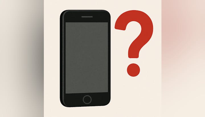 A smartphone illustration next to a large red question mark.