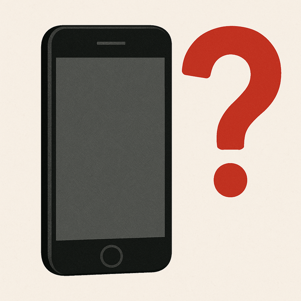A smartphone illustration next to a large red question mark.