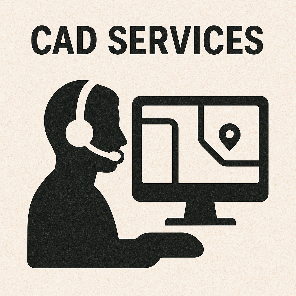 Silhouette of a person with a headset next to a computer screen, labeled "CAD SERVICES."