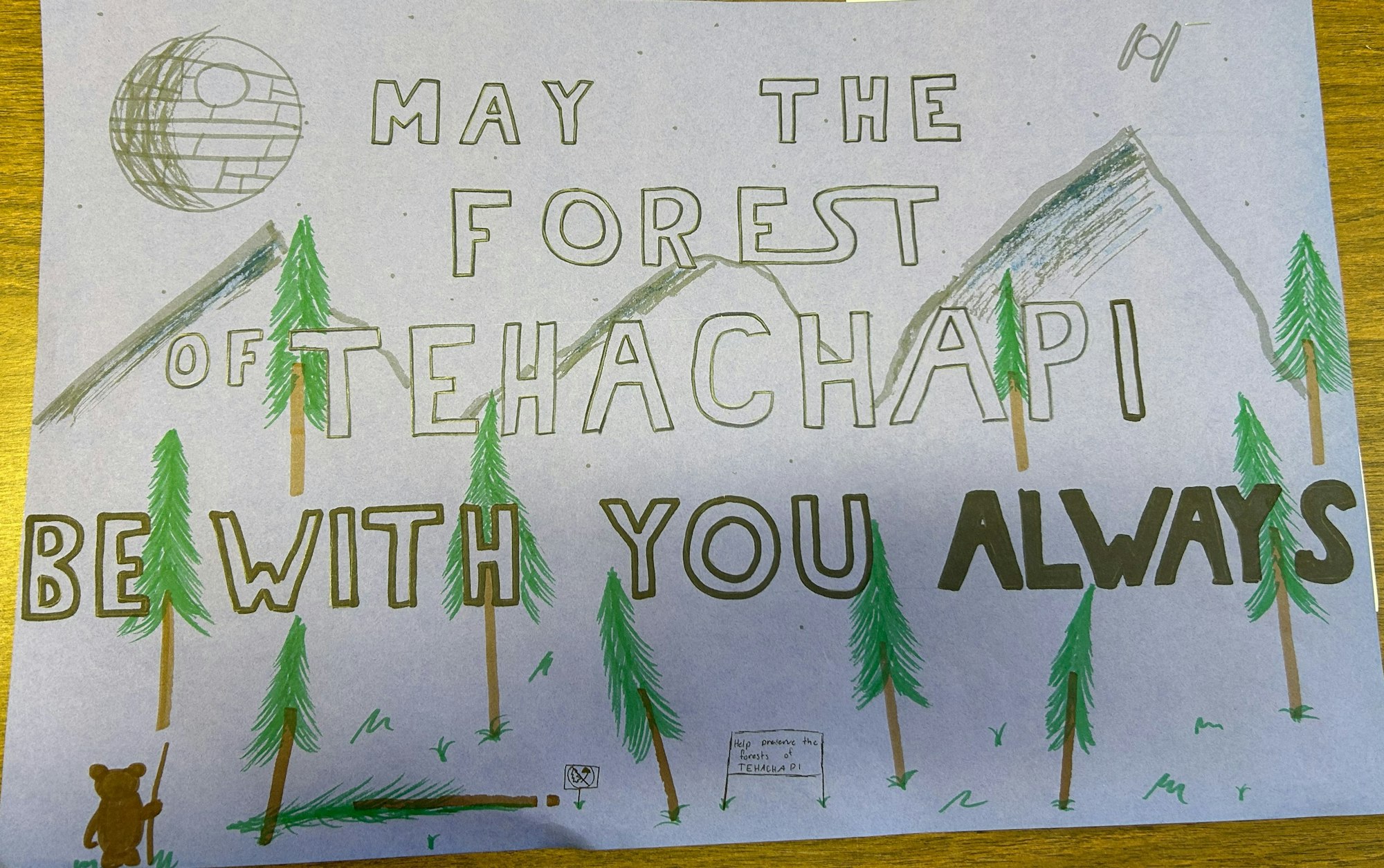 Poster with "May the Forest of Tehachapi Be With You Always," trees, mountains, a Death Star, and a small bear.