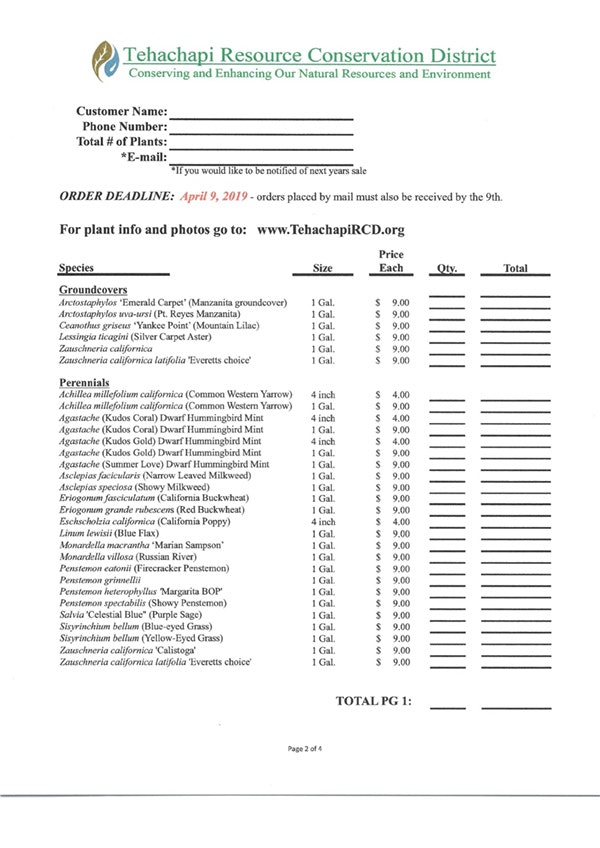 An order form from Tehachapi Resource Conservation District for various plant species with sizes, quantities, and prices listed.