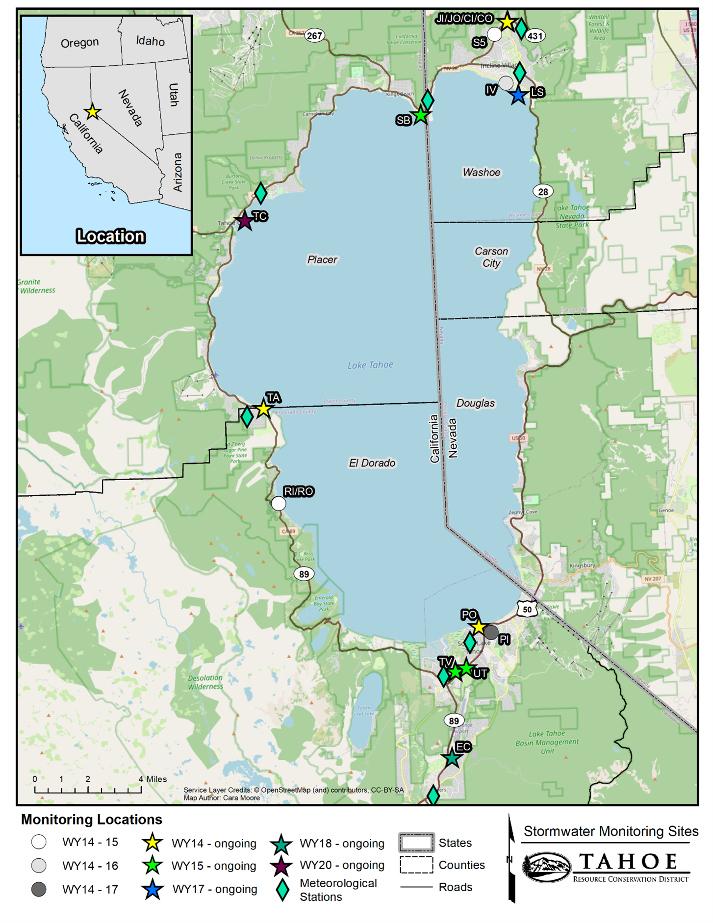 Map of Lake Tahoe showing stormwater monitoring sites and meteorological stations, with a location inset of Nevada and California.