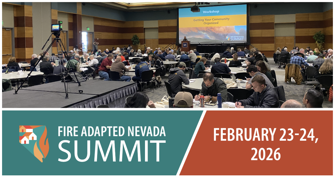The image shows attendees at the Fire Adapted Nevada Summit workshop, focused on community organization, scheduled for Feb 23-24, 2026.