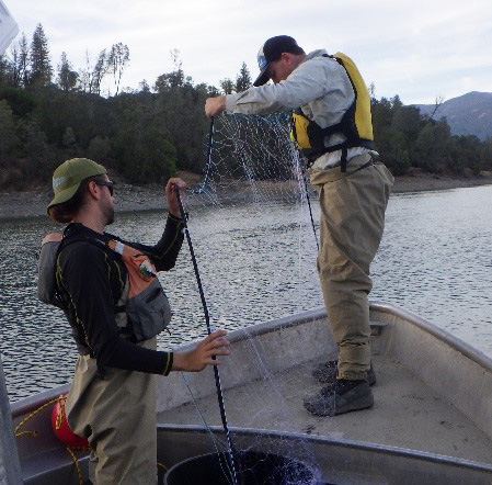 Two people on a boat, one standing and pulling up a net, possibly fishing, on a calm lake with trees and hills in the background.