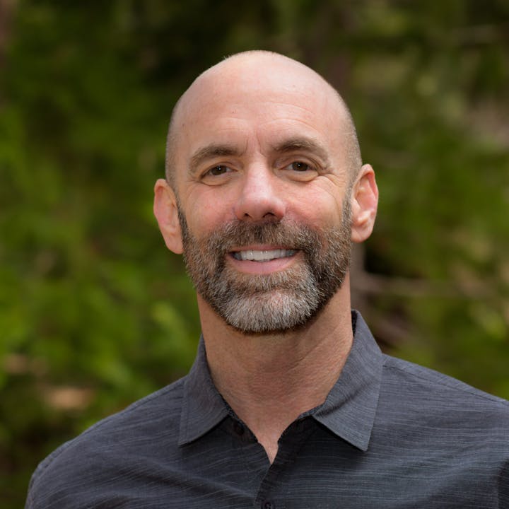 A smiling bald man with a beard, wearing a gray shirt against a blurred green background.