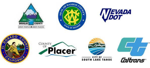 Logos of Douglas, Washoe, El Dorado, Placer counties; South Lake Tahoe city; Nevada DOT, Caltrans.