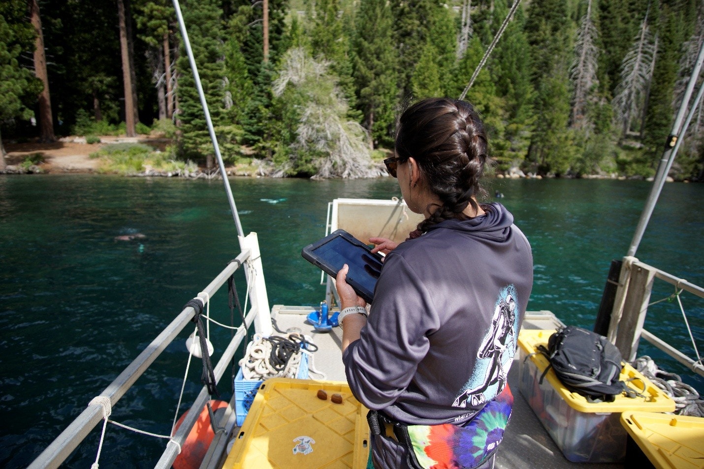 Person on a boat, using a tablet, near a forested lakeshore.
