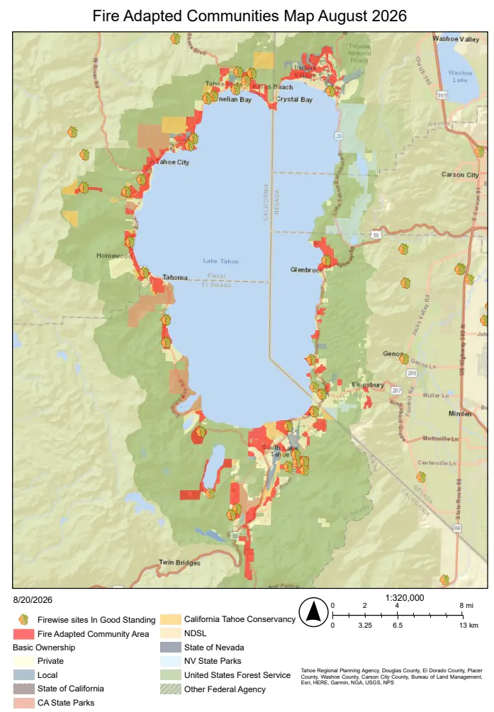 Map showing fire adapted communities around Lake Tahoe, with markings for firewise sites, ownership types, and community areas.