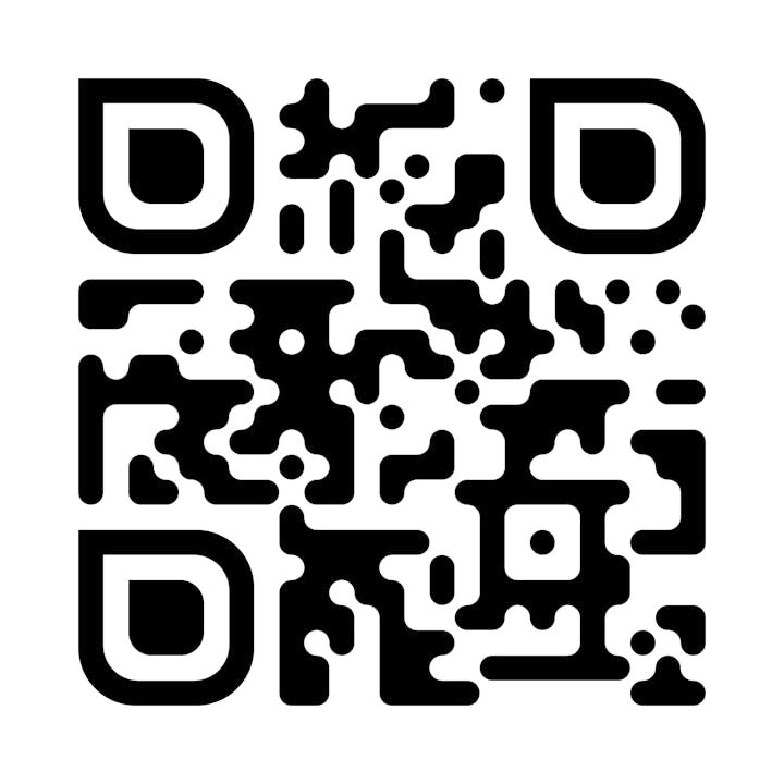A QR code with a unique pattern of black dots and shapes on a white background.