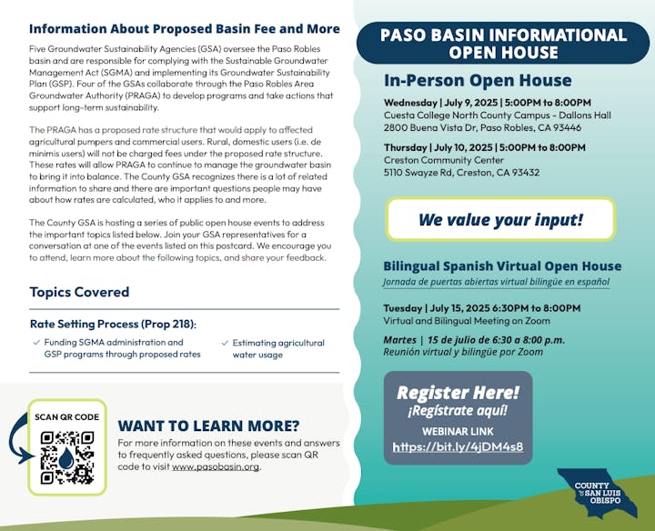 Paso Basin informational open house details proposed basin fee and open house dates: July 9, 10, and 15, 2025.