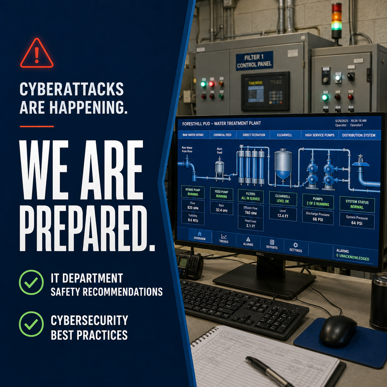 The image warns about ongoing cyberattacks and highlights preparedness with IT department recommendations and cybersecurity practices.