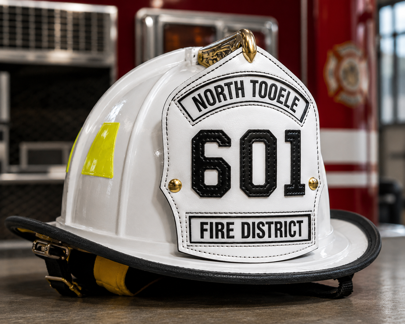 A white firefighter helmet with “NORTH TOOELE 601 FIRE DISTRICT” prominently displayed on the front.
