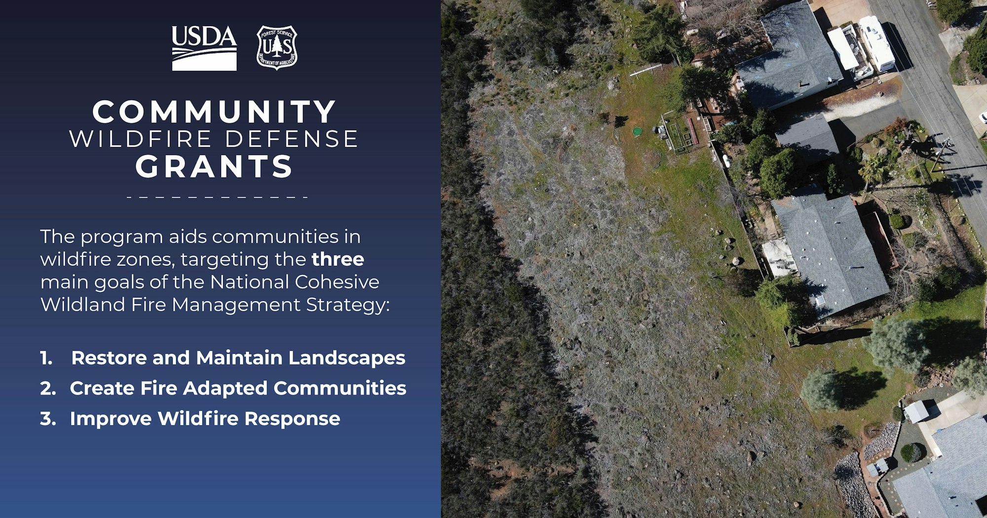 USDA Community Wildfire Defense Grants info, aerial view of a house amidst forested area, emphasizing wildfire strategies.