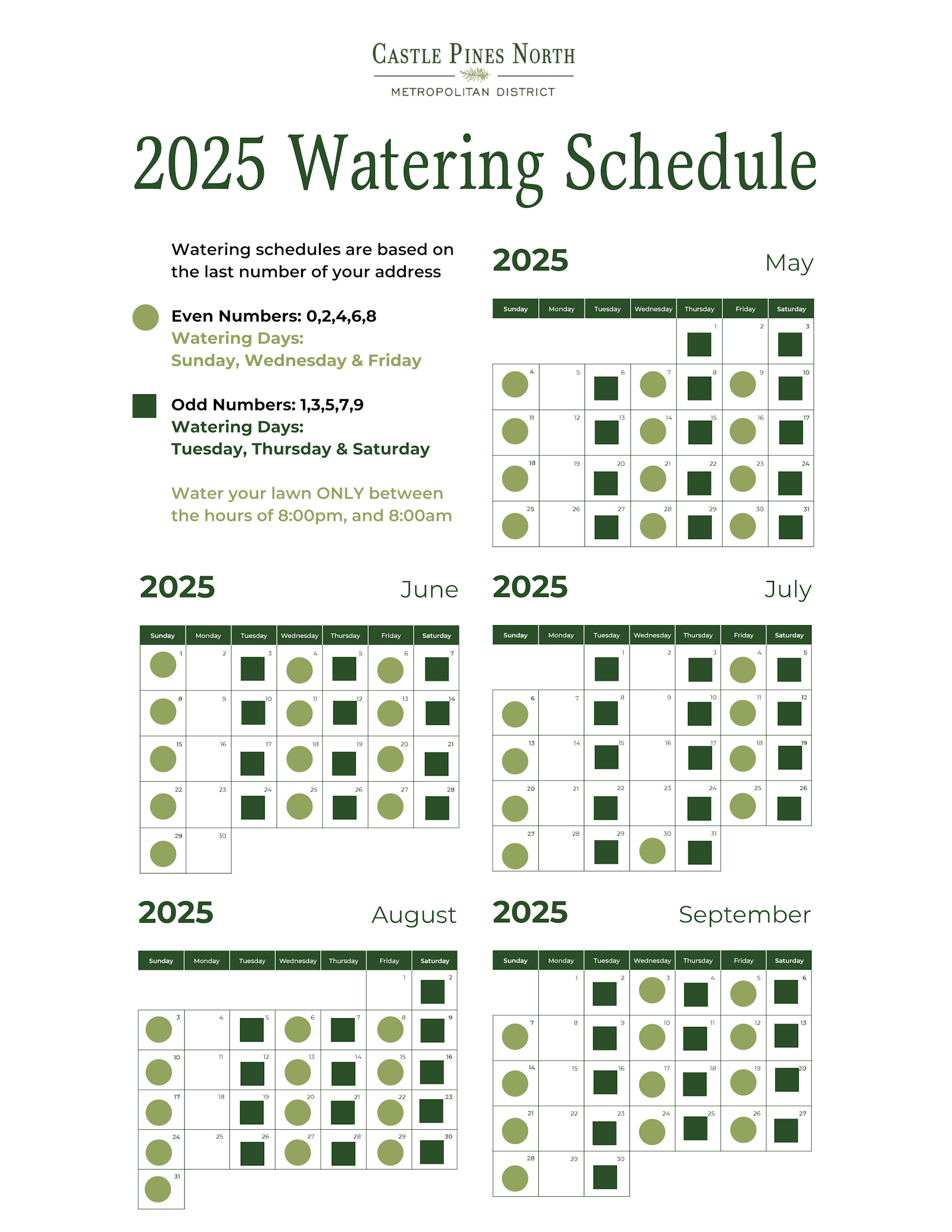 2025 watering schedule for Castle Pines North. Even and odd address schedules; water between 8pm-8am from May to September.