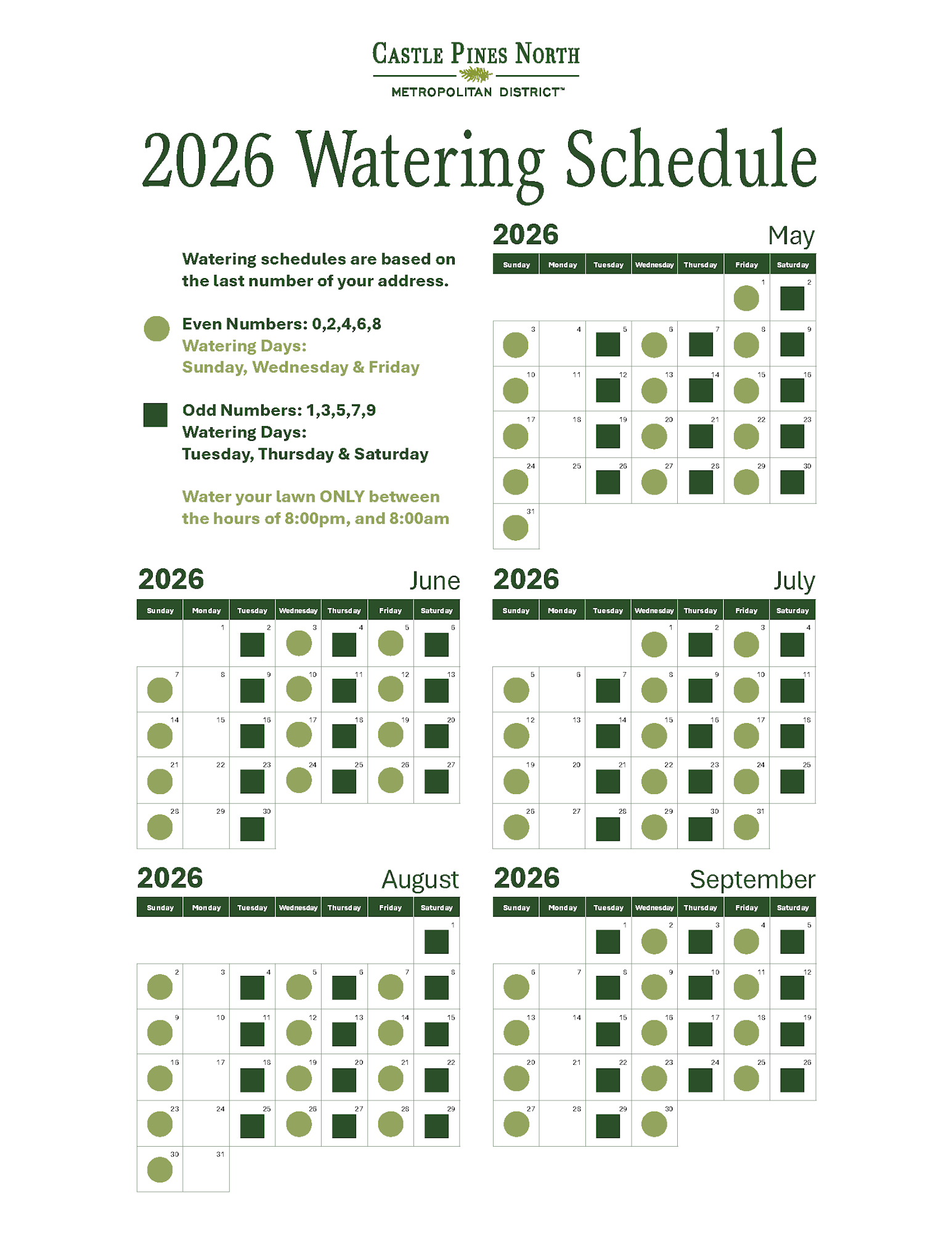The image is a watering schedule for Castle Pines North in 2026, showing specific days for even and odd numbered addresses.