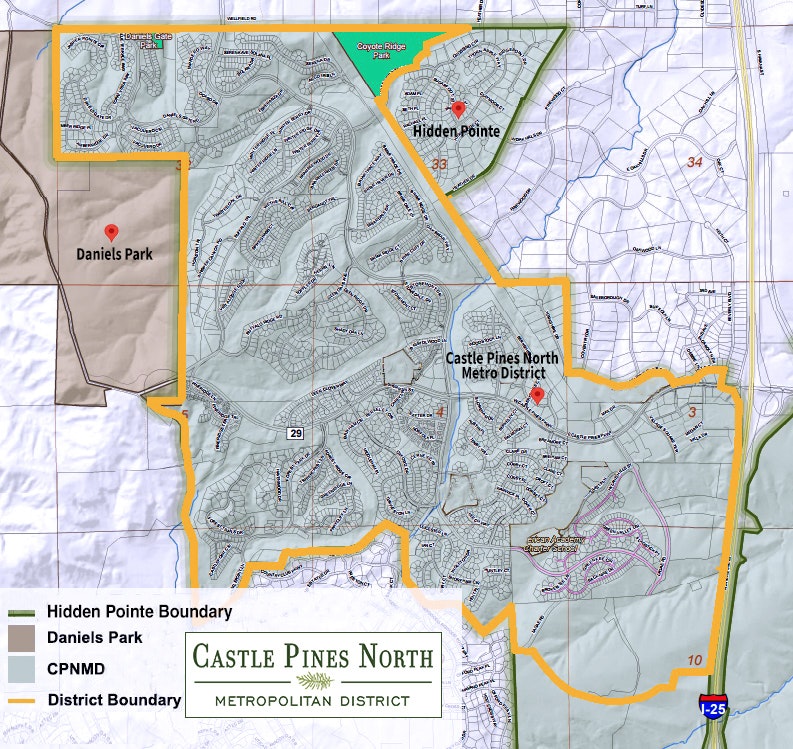 Detailed map of the Castle Pines North Metro District, serving residents and businesses in the City of Castle Pines, CO, located west of Interstate 25 . The map outlines the district boundary in red and includes labeled subdivisions such as Coyote Ridge Park and Daniels Gate Park, which are inside the district boundaries. It also shows Daniels Park and Hidden Point, which are outside the District service area but still use District water and wastewater services . Major roads like Castle Pines Parkway and Monarch Boulevard are clearly marked, along with parks, open spaces, trails, and the District’s administrative office location on Castle Pines Parkway just one mile west of Interstate 25.