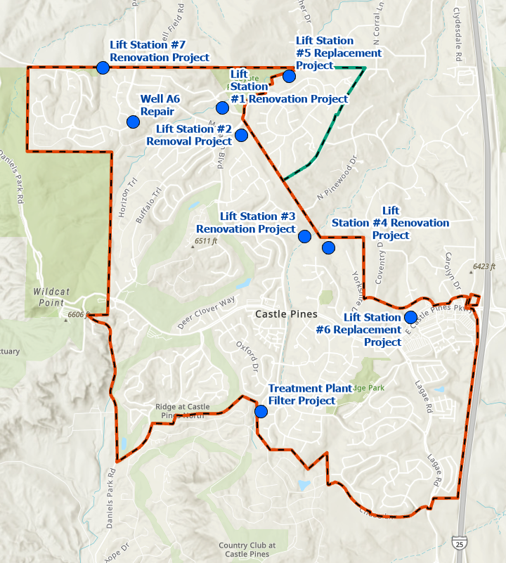 Map showing various projects in Castle Pines: renovations and replacements of lift stations, well repairs, and a treatment plant filter project.