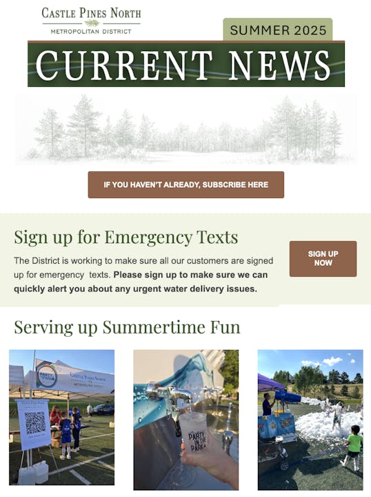 Newsletter for Castle Pines North, summer 2025. Promotes emergency texts and showcases a park event with games and refreshments.