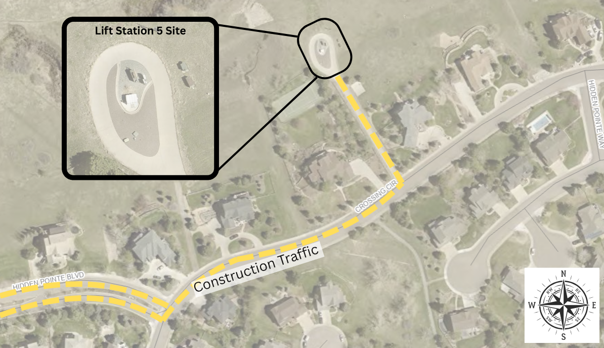 The image shows a map with a highlighted area for "Lift Station 5 Site" and a note about construction traffic nearby.