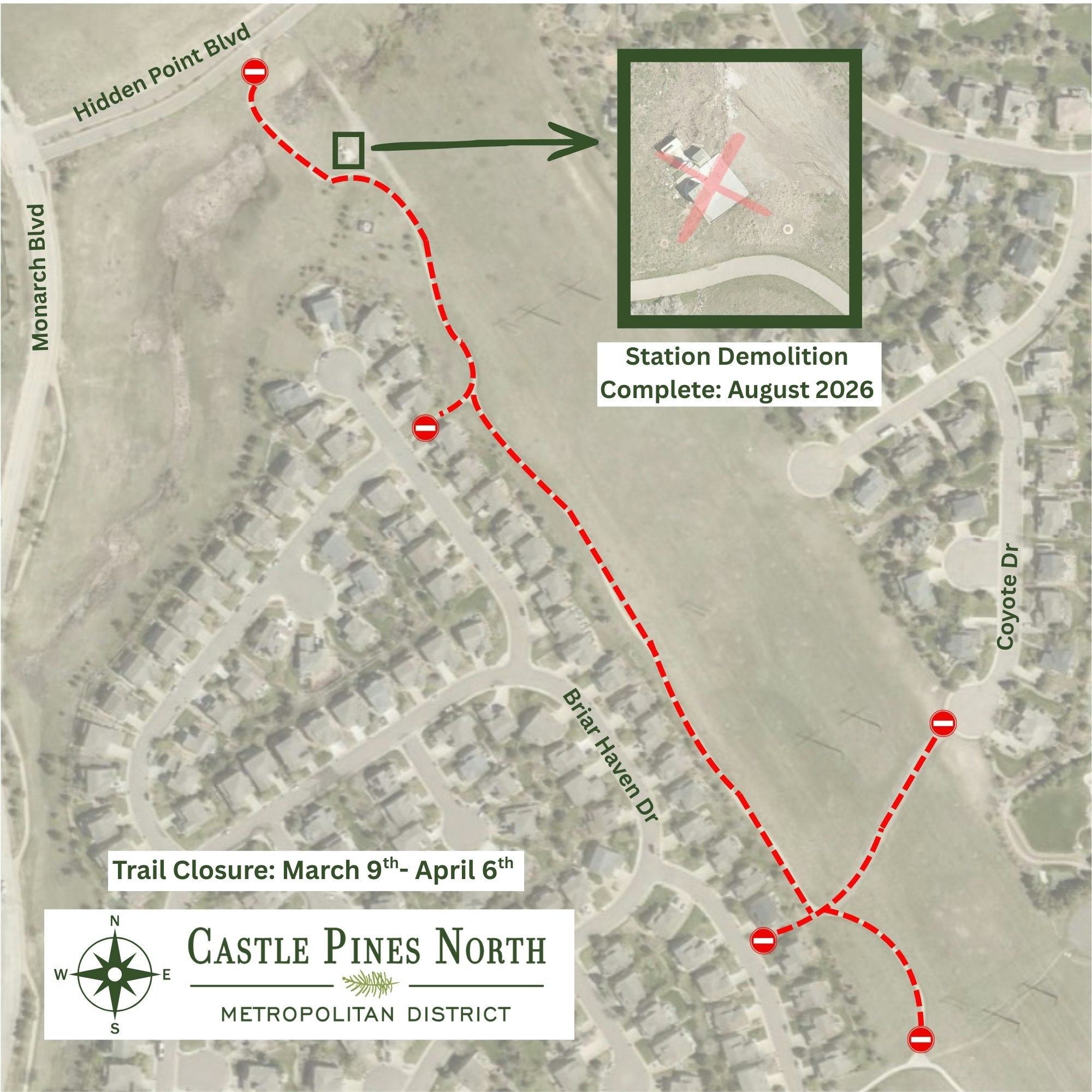 Map showing trail closure from March 9 to April 6; station demolition complete by August 2026 in Castle Pines North.
