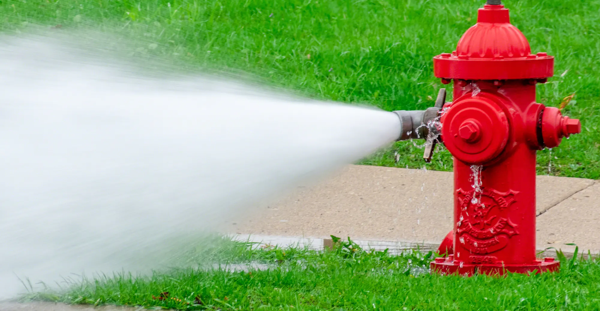 A red fire hydrant is spraying water onto the ground, surrounded by green grass and a concrete sidewalk.