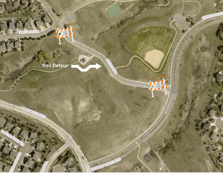 Map showing a "Road Closed" area on Serena Drive from Arco Iris Ln in the North to Hidden Pointe Blvd. in the south. A trail detour is marked to show that the open space trail will remain open with a different pathway available.