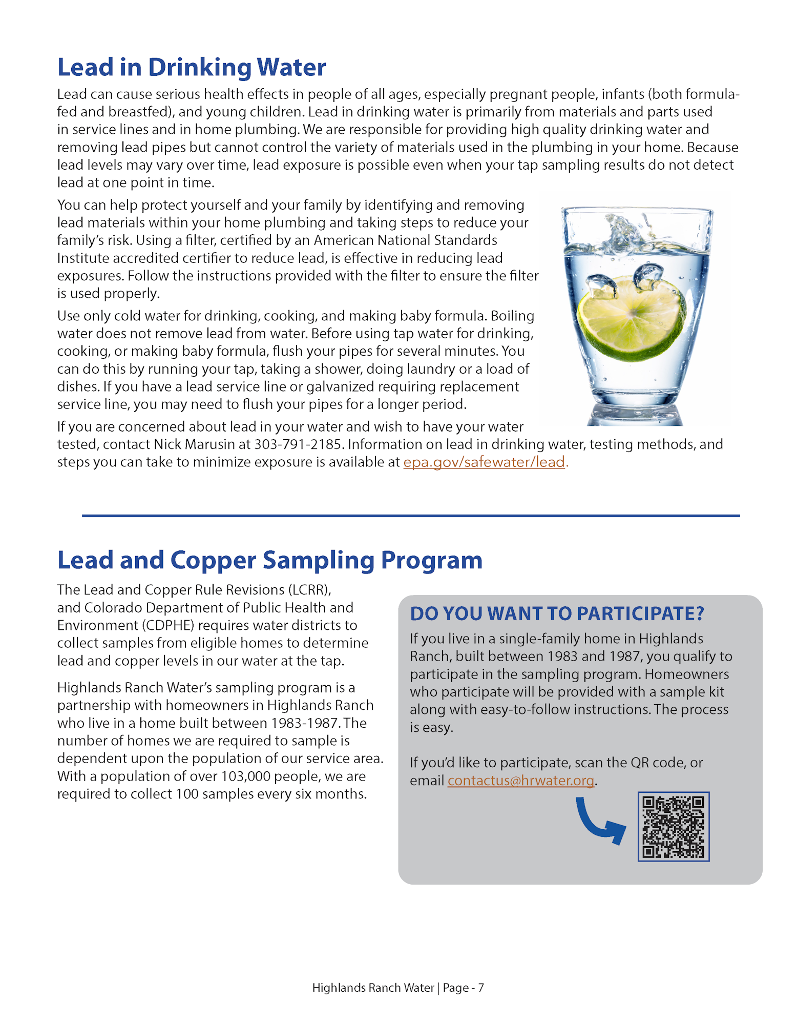 Information on the risks of lead in drinking water and a lead and copper sampling program, with a call to participate for eligible residents.