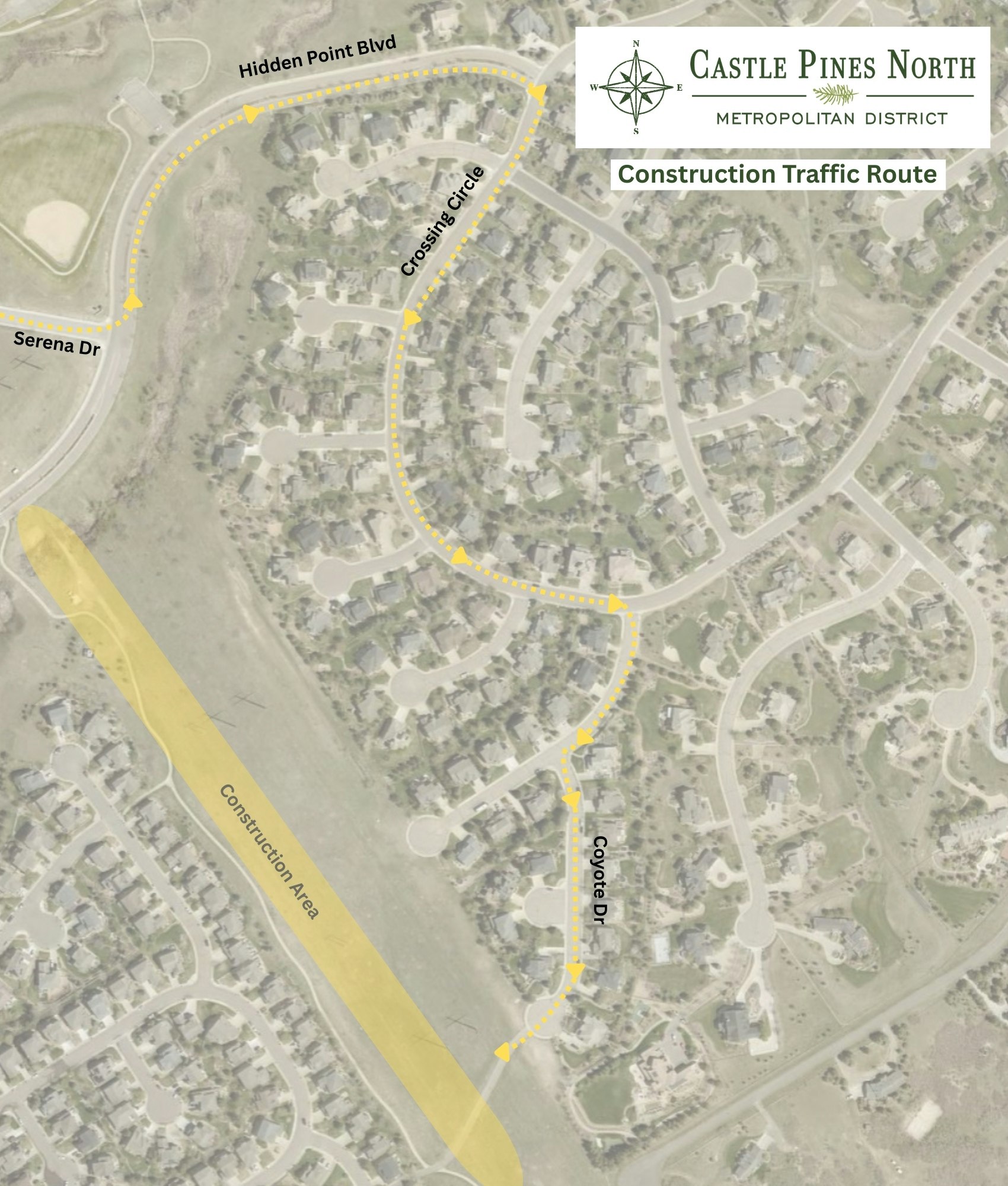 Map showing construction traffic routes in Castle Pines North, highlighting the construction area and alternative paths for drivers.