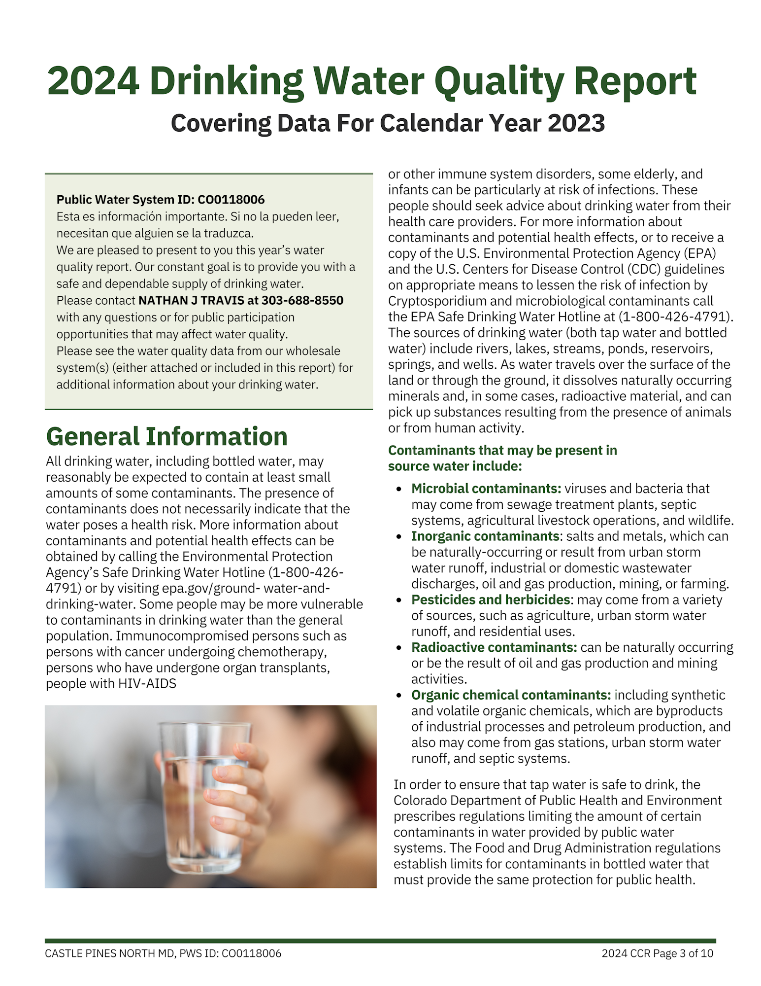 A 2024 Drinking Water Quality Report detailing contaminants, potential health effects, and contact info.